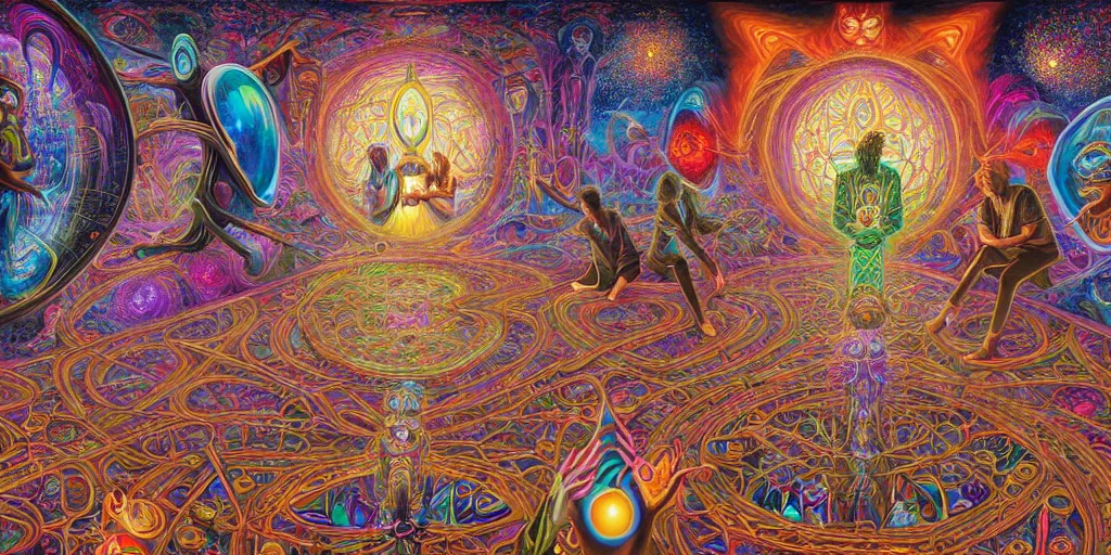 Image similar to hyper detailed portrait of a dmt time elf interacting with a psychedelic traveler, dmt portrait of benevolent time elves sharing their soul frequency, cathedral background, masterpiece composition, 8 k resolution, ultra fine illustration, alex grey, todd schorr, casey weldon, tokio aoyama, highly detailed,