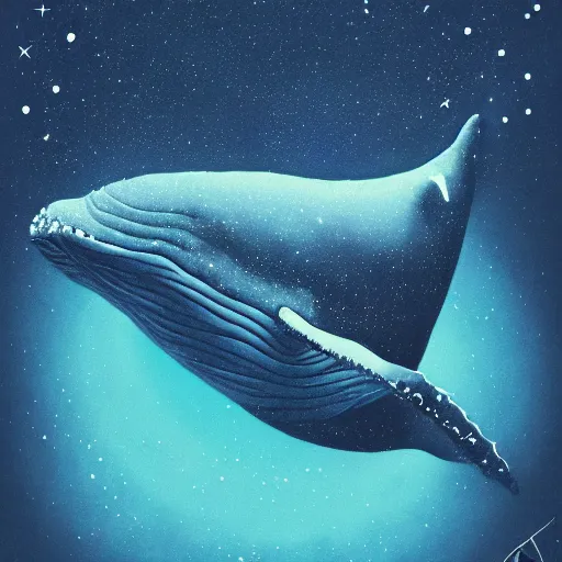 Image similar to portrait of whale swimming on a night sky, swimming across the universe, oniric, dreamy, beautiful, highly detailed, cinematic, trending on artstation