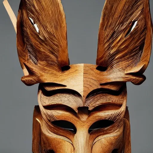 Prompt: a beautiful kitsune mask carved in wood and made by iris van herpen