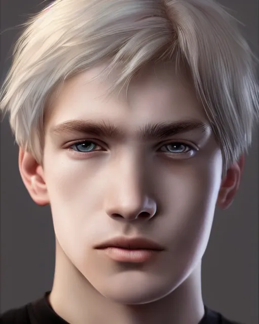 Image similar to portrait a 1 5 - year - old boy, with slender, white - blond hair, cold grey eyes, a pale complexion with sharp and pointed features, hyper realistic face, beautiful eyes, character art, art by mark brooks, hyperdetailed, cryengine, trending on artstation, digital art