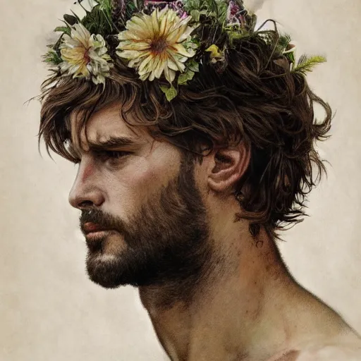 Image similar to portrait of the god of the meadow, 30 years old, meadow, flower crown, rugged, male, gorgeous, detailed face, amazing, hairy torso, muscular, intricate, highly detailed, digital painting, artstation, concept art, sharp focus, illustration, art by greg rutkowski and alphonse mucha