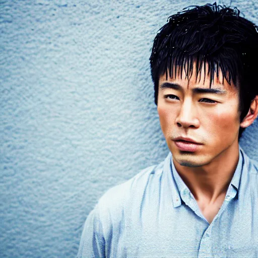 Image similar to a close up photographic portrait of a handsome asian actor looking worried taken by annie leibowitz in the rain. cinematic lighting, blue background colour, 5 0 mm, subsurface scatter.