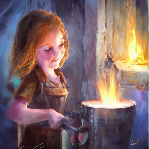 Prompt: the blacksmits’ daughter, working in the forge, Blue eyes, a smile at her face, fantasy art in the style of Lilia Alvarado,