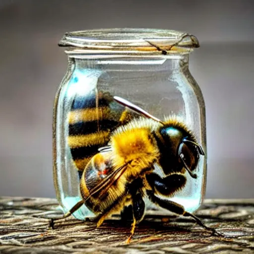 Prompt: a photo of a bee in a jar on a table