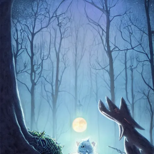 Prompt: Rincewind is panicking in the Forbidden Forrest, at night, full moon, blue tones, etailed, hyperrealistic, colorful, cinematic lighting, digital art by Paul Kidby