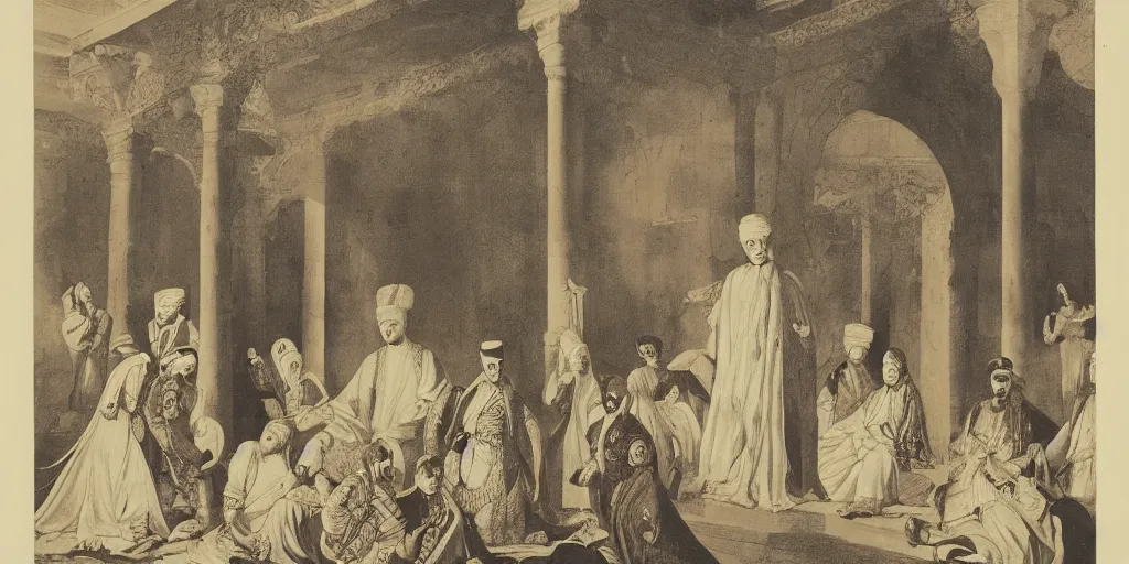 Prompt: sultan and his harem, lithograph