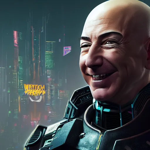 Prompt: front view, vicious, laughing portrait of Jeff Bezos as a cyberpunk 2077 loading screen, symmetry, front view, intricate, studio, art by anthony macbain + greg rutkowski + alphonse mucha, concept art, 4k, sharp focus