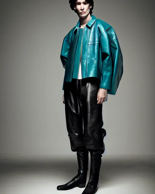 Prompt: an award - winning photo of a male model wearing a cropped baggy teal distressed medieval leather menswear harrington jacket by issey miyake, 4 k, studio lighting, wide angle lens