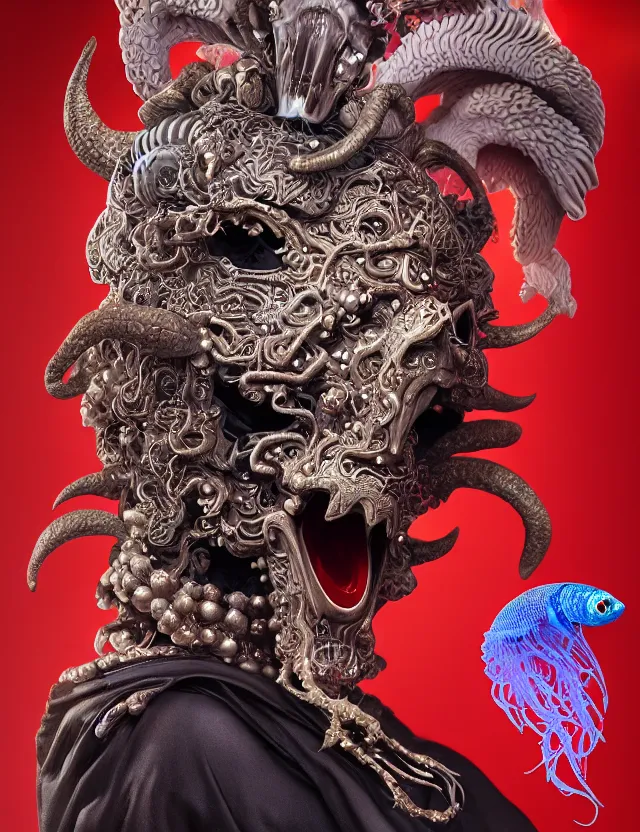 Image similar to 3 d goddess of hell close - up profile portrait with ram skull. beautiful intricately detailed japanese crow kitsune mask and clasical japanese kimono. betta fish, jellyfish phoenix, bio luminescent, plasma, ice, water, wind, creature, artwork by tooth wu and wlop and beeple and greg rutkowski