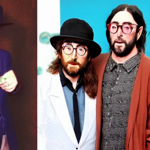 Image similar to 80-year old John Lennon and 45 year-old Sean Lennon posing together