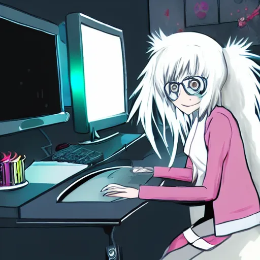 Prompt: an anime girl with white hair, polar bear ears, and an open, black coat playing a video game. drawn in an anime art style