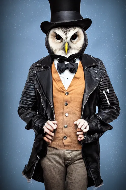 Prompt: cute owl wearing black biker jacket, portrait photo, backlit, studio photo, background colorful, tophat, kobalt blue, tophat, bow tie