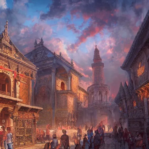 Prompt: a medieval city with temple, market, palace, tavern, beautiful, detailed, temple, market, palace, tavern, concept art illustration, color page, tone mapping, akihiko yoshida, james jean, andrei riabovitchev, marc simonetti, digital illustration, greg rutowski, volumetric lighting, sunbeams, particles