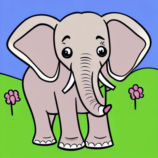 Image similar to cute cheerful elephant with his two ears and his trunk in a meadow, colouring - in sheet, concept design, character art, sharp focus, highly detailed, artstation