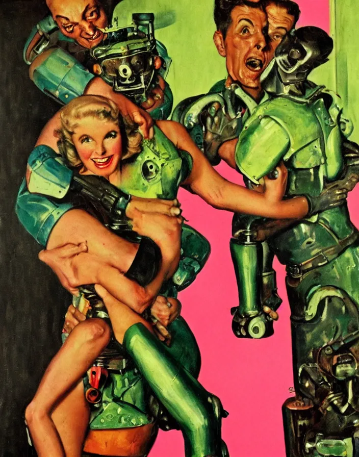 Prompt: a female housewife being hugged by a manly metal - suited robot 1 9 5 0 s horror film movie poster style norman rockwell oil painting, saturated pink and green lighting, shadowy lighting, cohesive