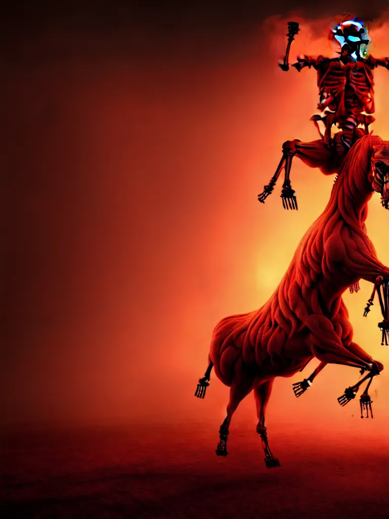 Prompt: donald trump is a tumor growing out of vladimir putin's shirtless chest while riding a skeletal horse in an infernal hellscape, long exposure photograph, surrealism, anamorphic, atmospheric fog, octane render, cinematic