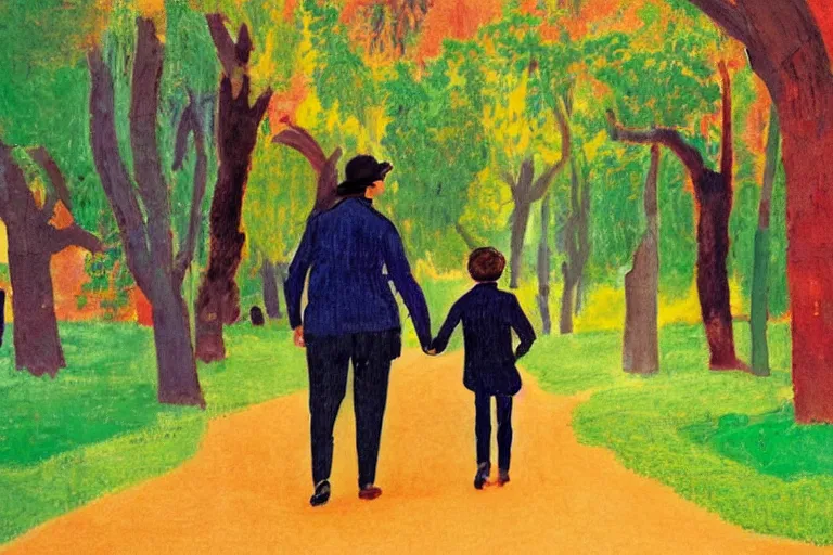 Image similar to a very tall man named John with dark hair holding the hands of a short young boy named Alex with dark hair as they walk in a park on a bright beautiful colorful day. part in the style of an edgar degas painting. part in the style of david hockney