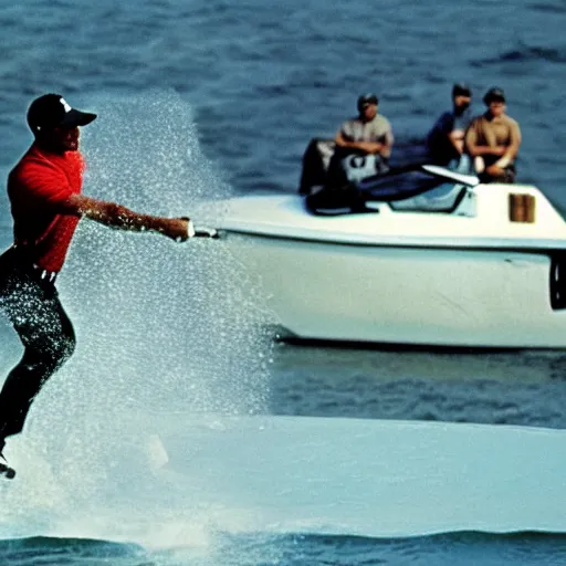 Image similar to a close up cinematic film still of tiger woods in the jaws