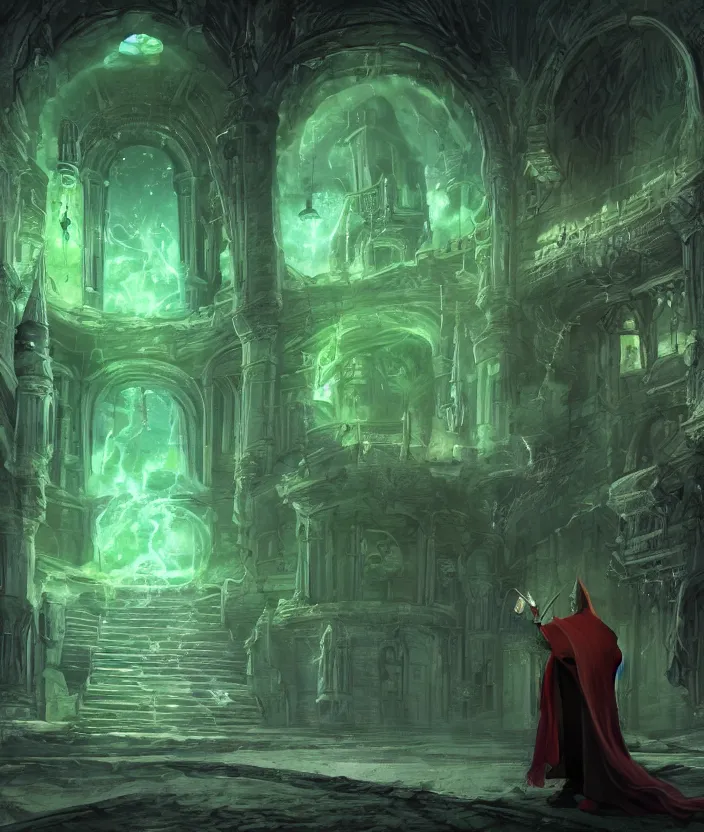 Image similar to a concept art of a wizard in his castle discovering a magic scroll that gives eternal life, atmospheric magic dark scene with green fires in the lights, a big door in the background