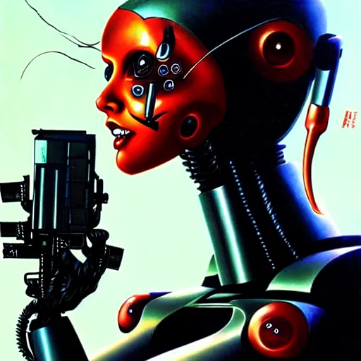 Image similar to geisha death robot, killbot, gun coming out of mouth, very realistic, artwork by jim burns, cyberpunk, sci - fi