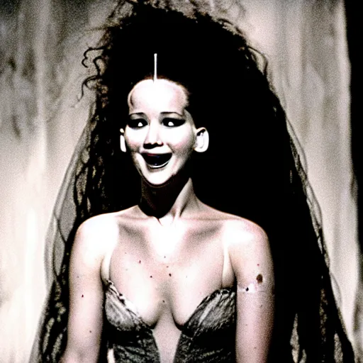Prompt: jennifer lawrence as the bride of frankenstein, color photography, sharp detail, wicked smile, still from the movie van helsing