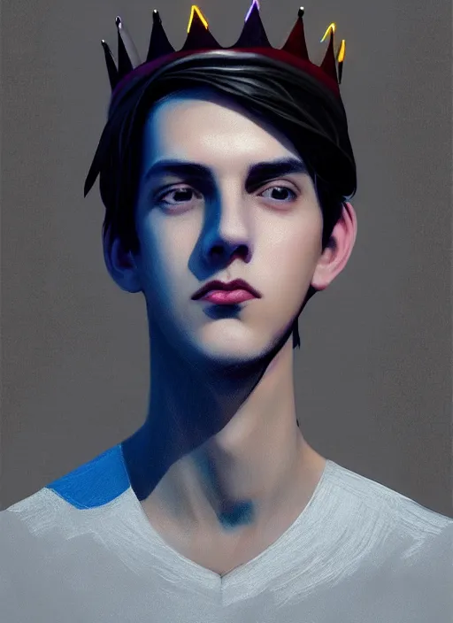 Image similar to portrait of teenage jughead jones wearing a light grey crown, photorealistic, crown made of fabric, crown made of felt, black hair, intricate, elegant, highly detailed, digital painting, glowing lights, artstation, concept art, smooth, sharp focus, illustration, art by wlop, mars ravelo and greg rutkowski