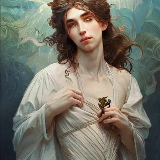 Image similar to god, non-binary, long hair, georgeus, intricate, elegant, ethereal, artstation, highly detailed, sharp focus, smooth, by artgerm and greg rutkowski and alphonse mucha