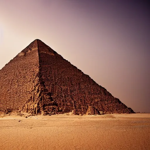 Prompt: an epic view of a giant pyramid made from obsidian rises out of the sand