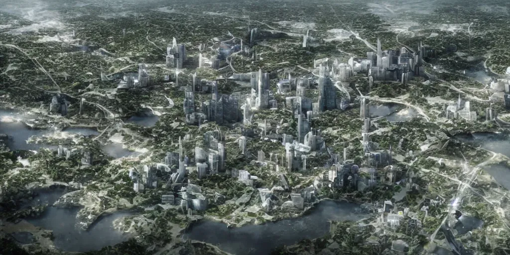 Prompt: the future capital city of liberland, epic scene from vfx scifi by christopher nolan