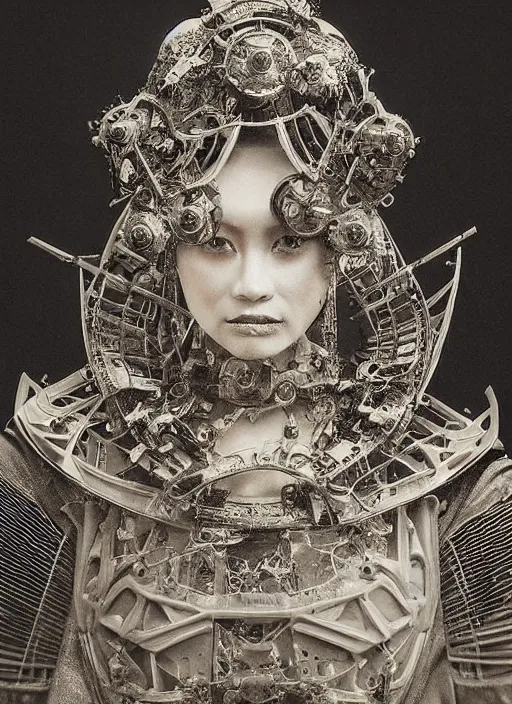 Image similar to old wetplate daguerreotype frame portrait of a futuristic silver armored dictator geisha district 9 cyborg, fractal, intricate, elegant, highly detailed, subsurface scattering, by jheronimus bosch and greg rutkowski and louis jacques mande daguerre