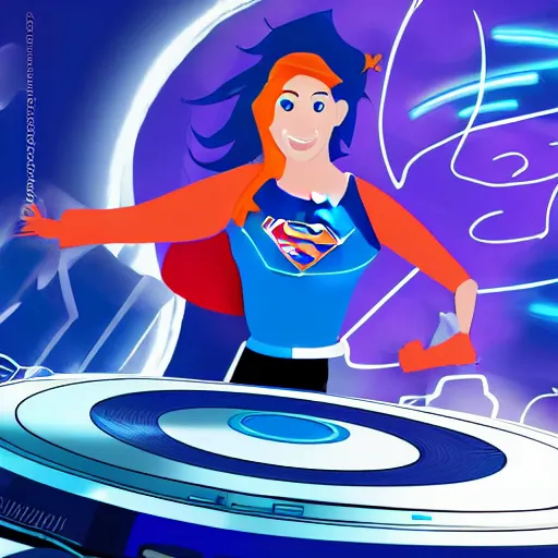 Image similar to a heroic woman wearing a blue super hero outfit playing on turntables, digital artwork, art station trending, ultra high detail