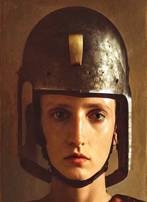 Prompt: close - up portrait athenian warrior with helmet and armor, art by sarah moon