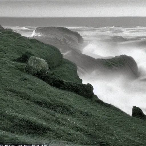 Image similar to moody 1 9 7 0's artistic technicolor spaghetti western film, a large huge group of women in a giant billowing wide long flowing waving green dresses, standing inside a green mossy irish rocky scenic coastline, crashing waves and sea foam, volumetric lighting, backlit, moody, atmospheric, fog, extremely windy, soft focus