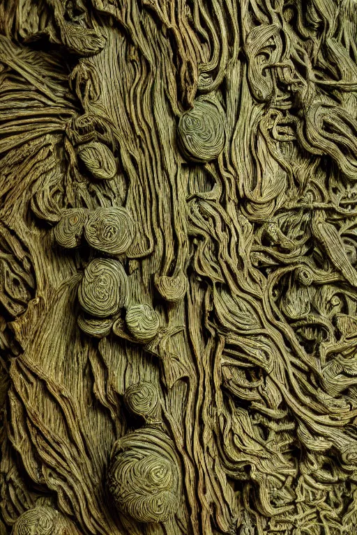 Prompt: studio shot of an intricate wood twisting statue, intricate mathematical shape, professional, textured wood, scratched metal, well lit professional photo, chromatic, colourful moss, mossy wood, HD photography, 4k