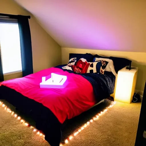 Image similar to a day trader named jay putting up nanoleaf lights in his bedroom