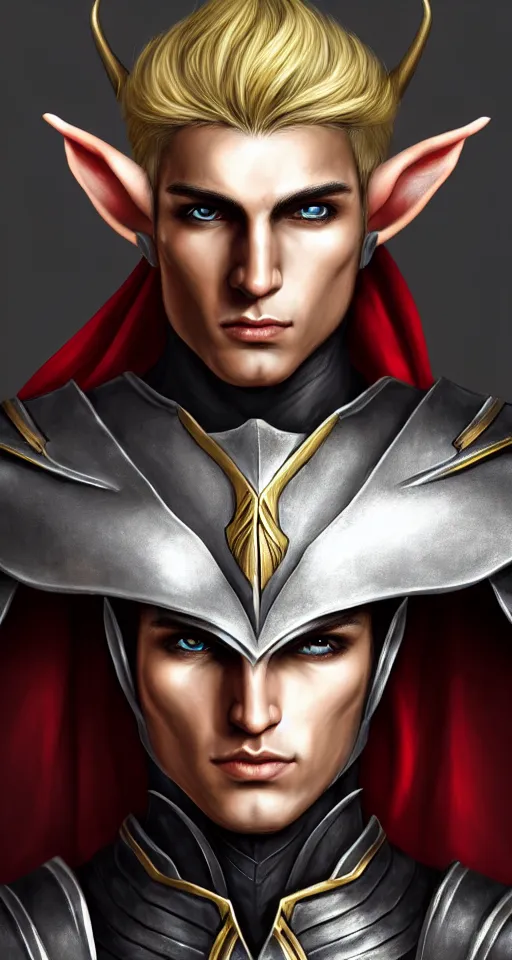 Image similar to A medium shot portrait of a male elf, he is about 20 years old, attractive, lean but muscular, serious composure, short silver hair, prideful look, he is wearing black heavy armor with gold plating and a red cape, highly detailed portrait, digital painting, ArtStation, concept art, smooth, sharp focus illustration, ArtStation HQ