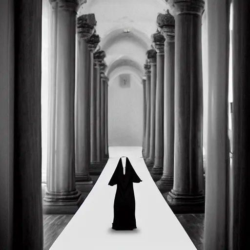 Image similar to nightmare vision, long depth of field. black and white, award winning photo of smiling levitating twin nuns, wearing translucent sheet, Mary in a sanctuary, mirror hallways, eerie, tall columns, frightening —width 1024 —height 1024