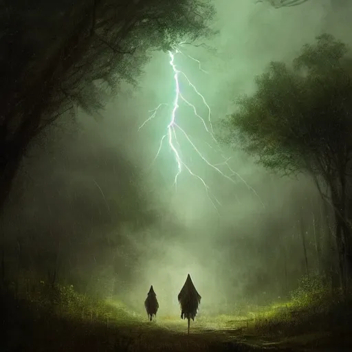 Image similar to a detailed picture of beautiful woman with black hair, wearing a green cloak, fleeing through a forest in a thunderstorm, riding a horse at night, viewed in profile, bolts of lightning, 4k, Greg Rutkowski