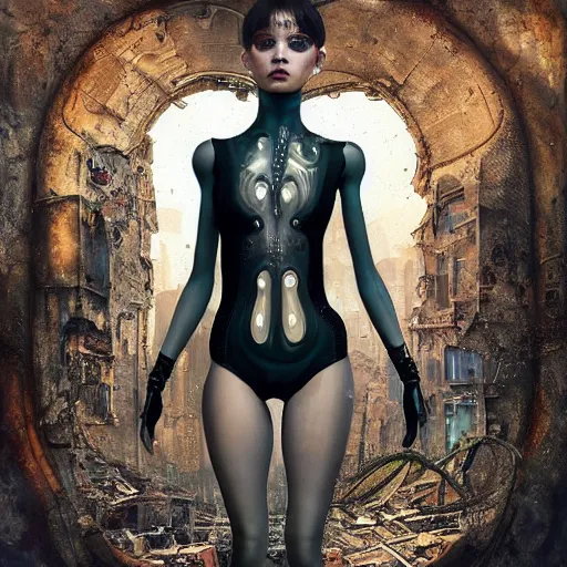 Prompt: Ultrarealist aesthetic, detailed face illustration of a very beautiful dollpunk wearing Abstract tech bodysuit, in front of a ruined city, focus, realistic eyes, symmetric body features proportions, golden ratio, ultra intricate details, award winning, unreal render, by Tom Bagshaw