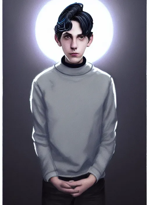 Image similar to portrait of teenage jughead jones wearing a light grey crown, crown, blue turtleneck, closed eyes, photorealistic, black hair, glowing lighting, intricate, elegant, glowing lights, highly detailed, digital painting, artstation, concept art, smooth, sharp focus, illustration, art by wlop, mars ravelo and greg rutkowski