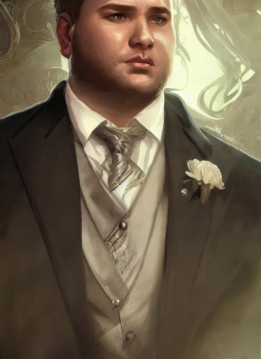 Prompt: wow! fanart throne of glass fantasy portrait of a clean - shaven chubby chubby chubby white man in a suit and tie, d & d, high fantasy, detailed, digital art, artstation, smooth, sharp focus, art by artgerm, greg rutkowski, alphonse mucha