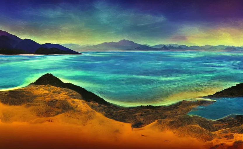 Image similar to golden bay abel tasman new zealand in the style of abstract sci-fi art, digital art, high quality, highly detailed, high coherence,, concept art, marterpiece