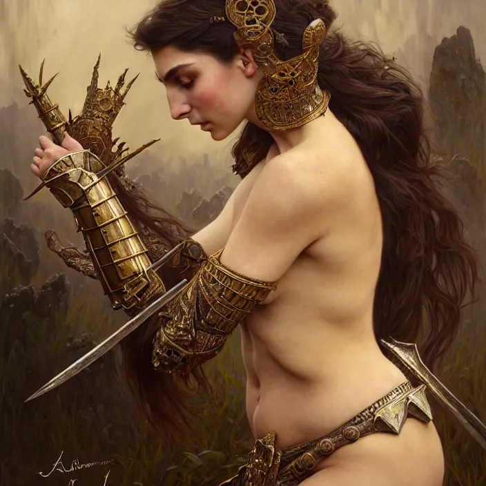 Image similar to Ancient queen Emily Ratajkowski wearing heavy armor, diffuse lighting, fantasy, intricate, elegant, highly detailed, lifelike, photorealistic, digital painting, artstation, illustration, concept art, smooth, sharp focus, art by John Collier and Albert Aublet and Krenz Cushart and Artem Demura and Alphonse Mucha