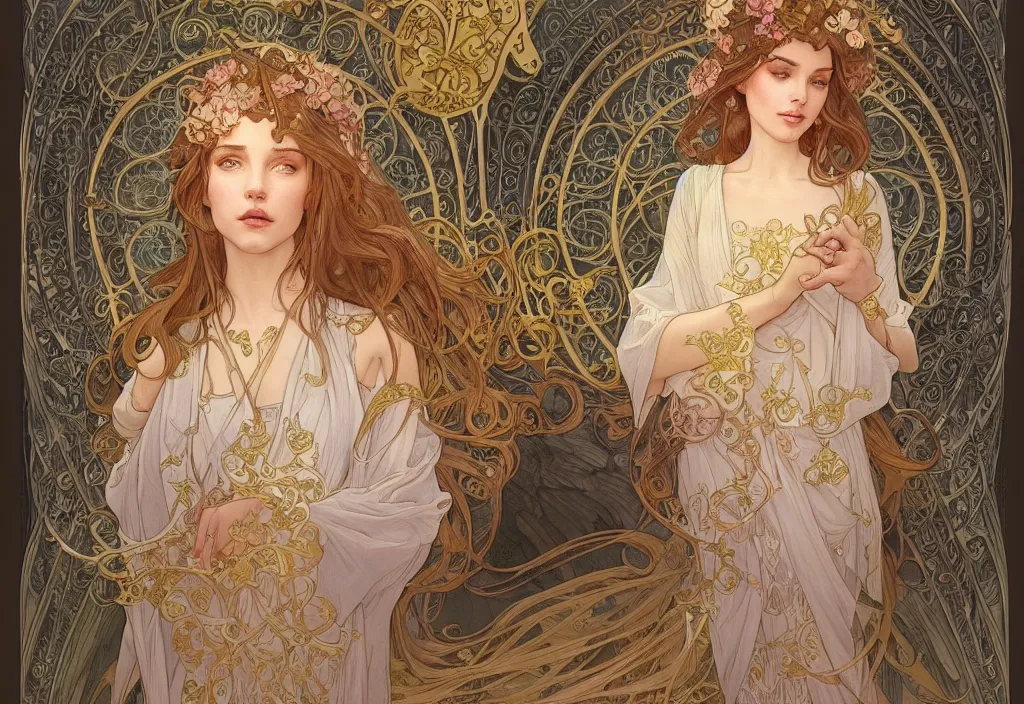 Image similar to an angel, highly detailed, very intricate, art nouveau, gold filigree, romantic storybook fantasy, soft cinematic lighting, award - winning, disney concept art watercolor illustration by mandy jurgens and alphonse mucha and alena aenami, pastel color palette, featured on artstation