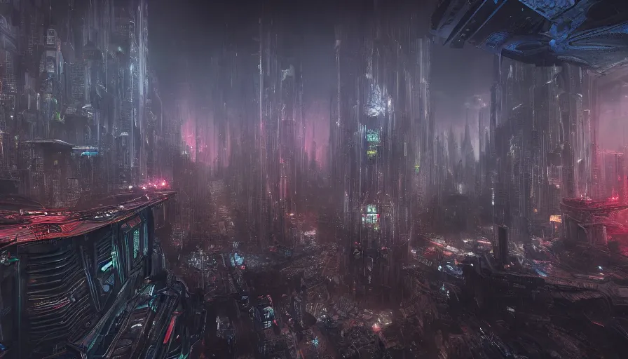 Image similar to psychedelic cyberpunk scifi vast detailed city endless vastness and gigantic size and detail, very dark and abandoned, only dark colours, unreal engine 5, 4 k hd picture, extreme detail, alien style, dark and scary, award winning scenery, h. r. griger