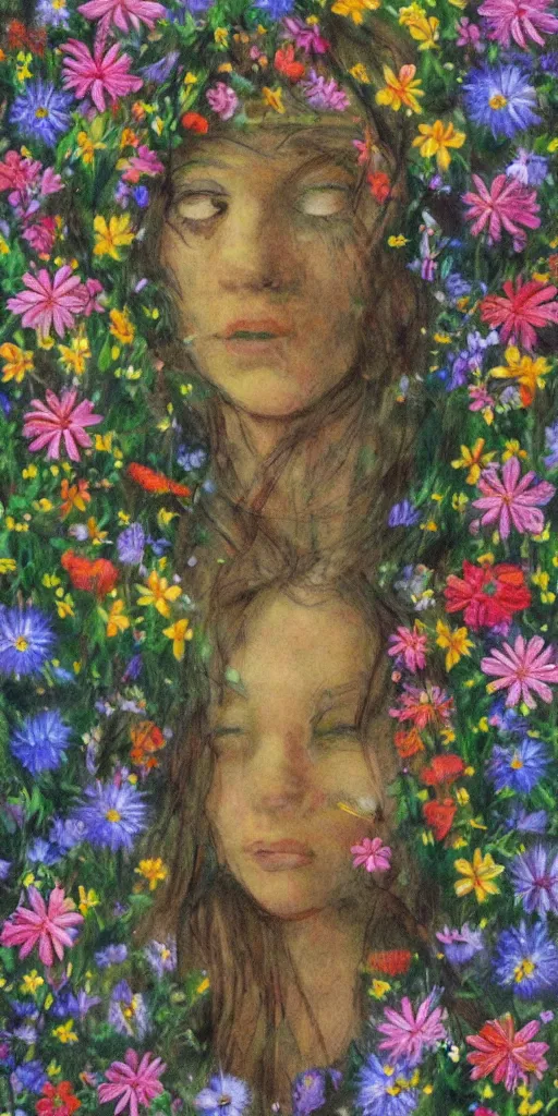 Prompt: wild flowers human face dreaming