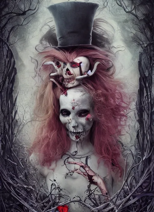 Prompt: Alice in Wonderland Mad Hatter Death Tarot card,highly detailed,half skull face,cinematic,8k,by Stanley Artgermm,Tom Bagshaw,Greg Rutkowski,Carne Griffiths, Ayami Kojima, Beksinski, Giger,Anne Stokes, Benjamin Lacombe, Naoto Hattori,trending on DeviantArt,hyper detailed,horror, full of colour