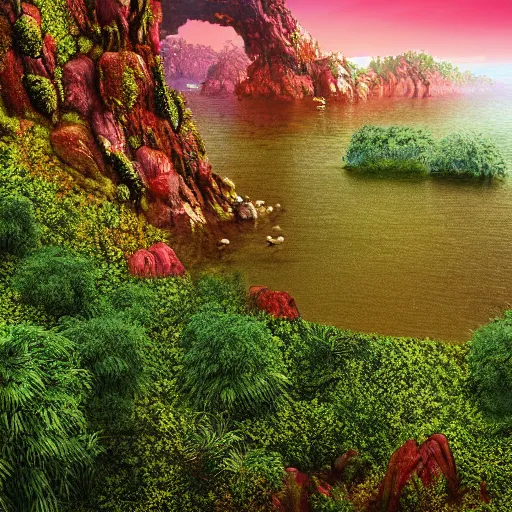 Image similar to digital artof a lush natural scene on an alien planet by lurid ( 2 0 2 2 ). beautiful landscape. weird vegetation. cliffs and water. interesting colour scheme. grainy and rough.