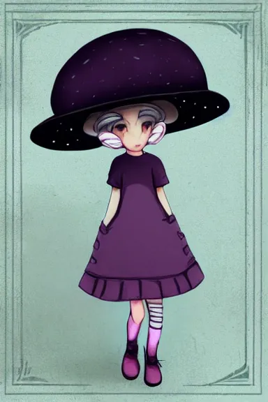 Image similar to a little girl wearing a mushroom hat in dress sitting | | purple curvy hair, pretty face, fine details, digial art by lois van baarle, anatomically correct, perfect composition, symmetrical, fantastic, clean details, anime character, extremely detailed