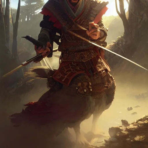 Image similar to Hyper realistic detailed portrait of Kurdish samurai, Stephen Bliss, unreal engine, fantasy art by Greg Rutkowski, Loish, Rhads, ferdinand knab, Makoto Shinkai and Lois van baarle, ilya kuvshinov, rossdraws, Tom Bagshaw, alphonse mucha, global illumination, radiant light, detailed and intricate environment, highly detailed, award winning art